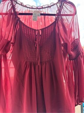Peasant Blouse Wine/Berry Red Size S Long Lantern Sleeves Babydoll Chiffon Sheer